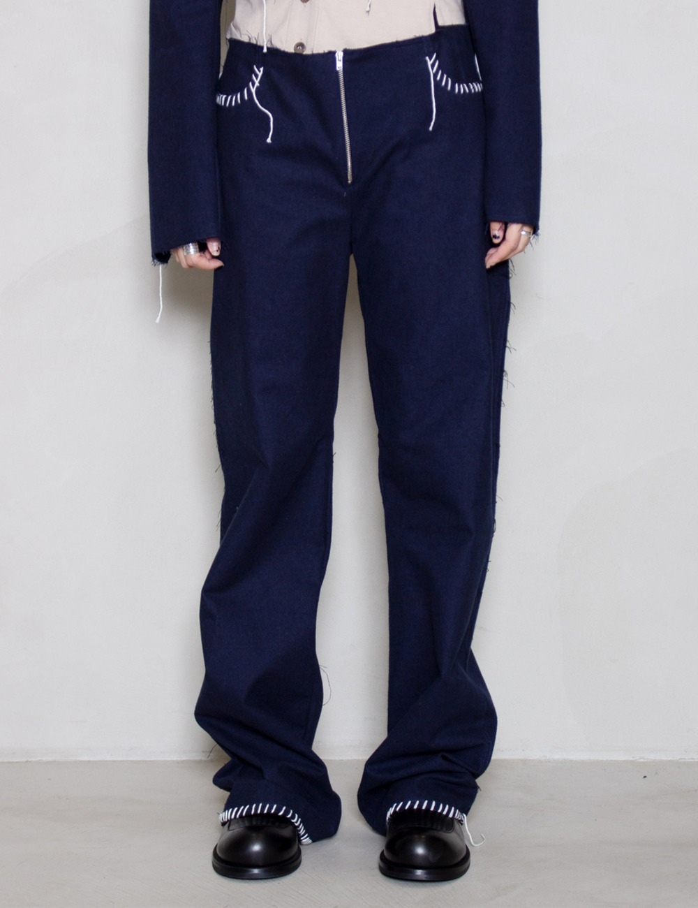 EMBROIDED FLANNEL TROUSERS_NAVY