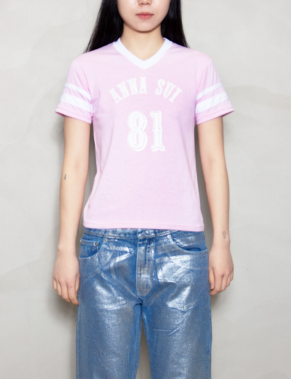 TEE ANNA SUI 81 FOOTBALL V-NECK_PINK&amp;WHITE